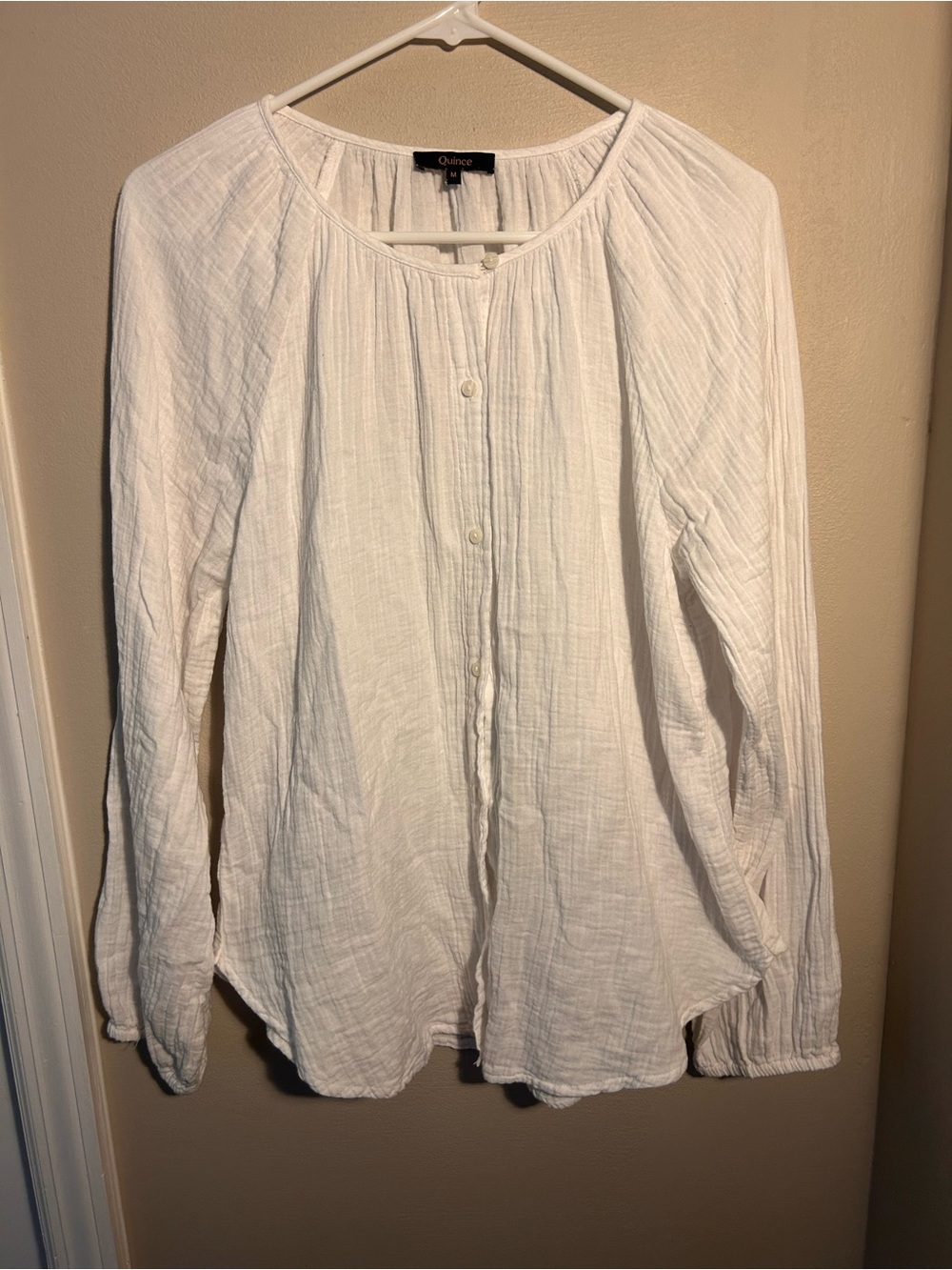 QUINCE WHITE GAUZE COLLARLESS BUTTON UP PEASANT TOP SIZE MEDIUM - Picture 3 of 8